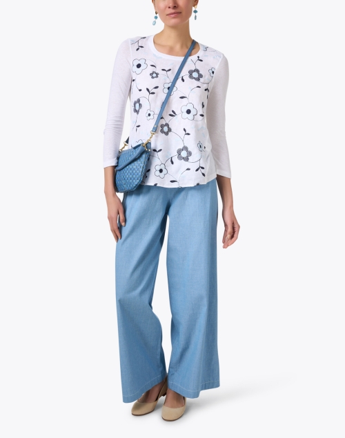 White and Blue Floral Print Linen Shirt