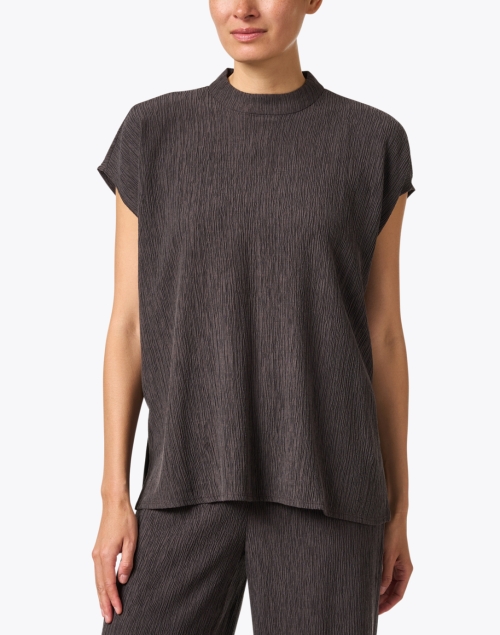 Front image - Eileen Fisher - Taupe Plisse Mock Neck Top