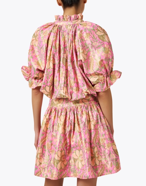 Back image - Juliet Dunn - Pink and Yellow Print Cotton Lamé Dress