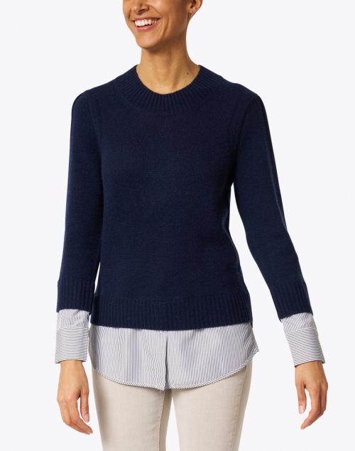 Front image - Brochu Walker - Eton Navy Wool Cashmere Sweater with Blue Stripe Underlayer