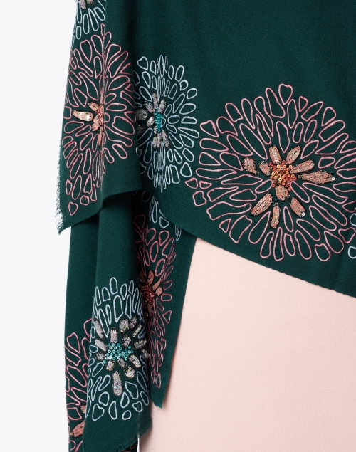 Front image - Janavi - Emerald Green Floral Embroidered Merino Wool Scarf