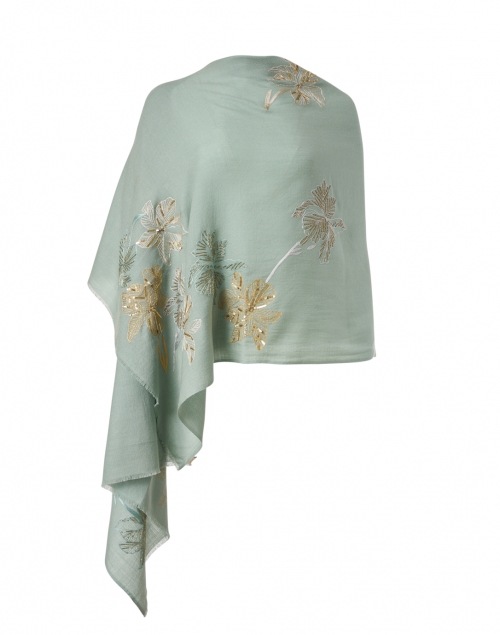 Janavi - Light Blue and Gold Garden Embroidered Wool Scarf 