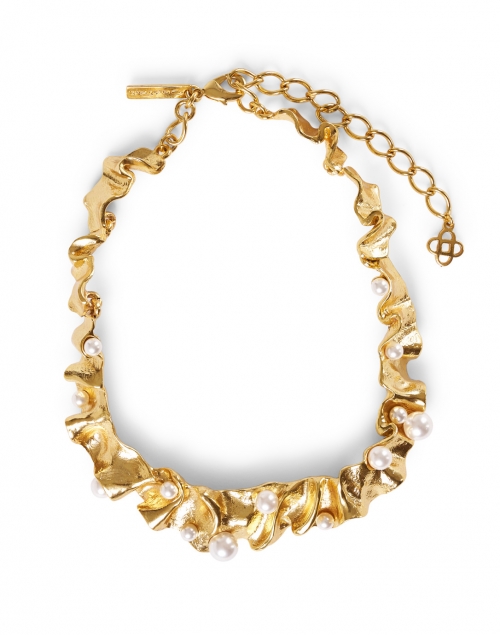 Oscar de la Renta - Gold Crinkled Metal and Pearl Necklace 