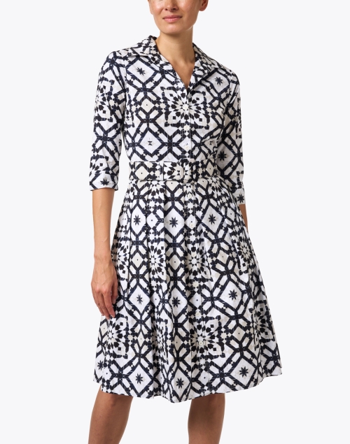 Front image - Samantha Sung - Audrey Blue and White Tile Print Stretch Cotton Dress