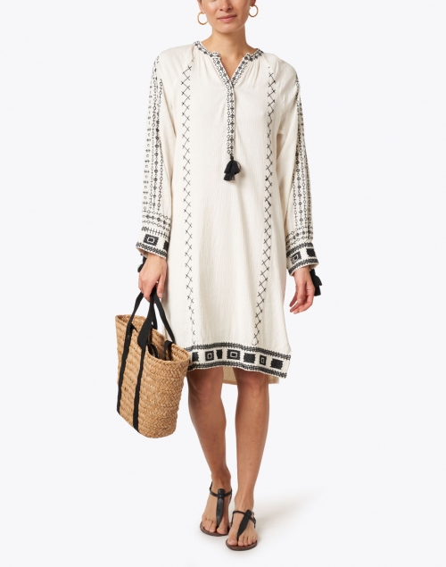 White and Black Geo Embroidered Cotton Dress