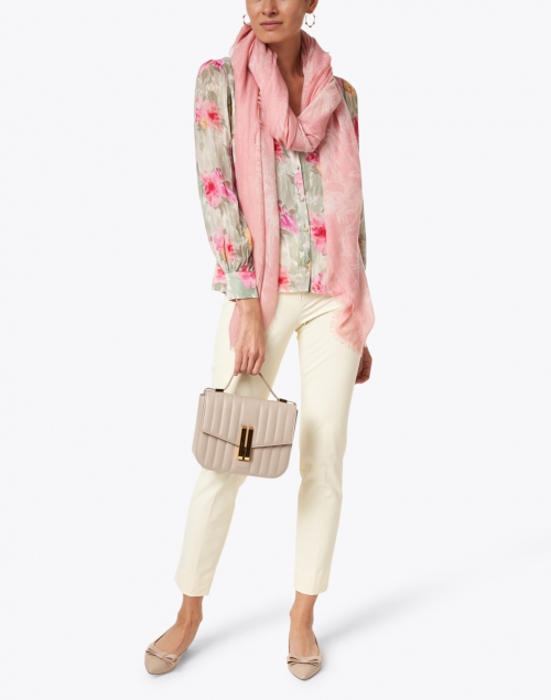 Extra_1 image - Franco Ferrari - Pink and White Hand Painted Floral Cashmere Scarf