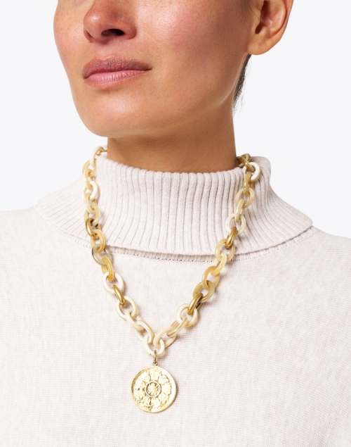 Gold Coin Pendant Horn Link Necklace