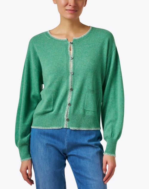 Front image - Repeat Cashmere - Green and Cream Stitched Cashmere Cardigan