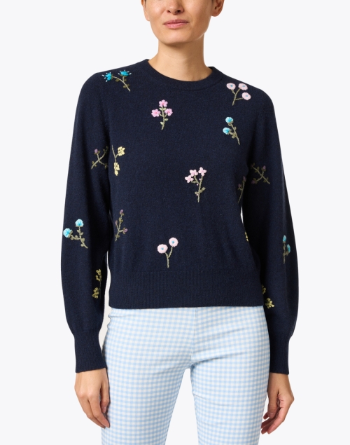 Front image - White + Warren - Navy Embroidered Cashmere Sweater