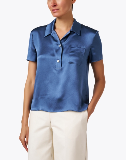 Front image - Vince - Blue Silk Polo Top