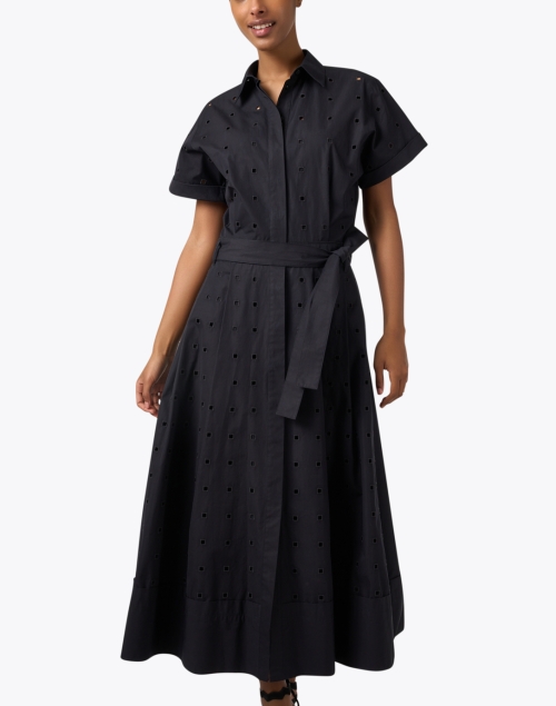 Front image - Lafayette 148 New York - Black Eyelet Cotton Shirt Dress