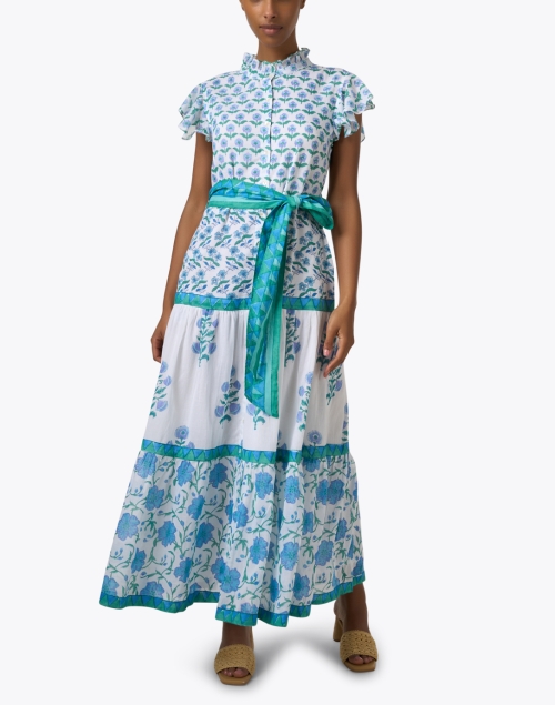 Front image - Oliphant - White and Blue Print Cotton Voile Dress