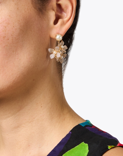 Pearl and Gold Cluster Flower Drop Earrings