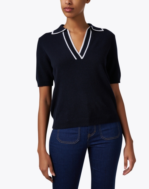 Front image - Allude - Navy Wool Cashmere Polo Sweater 