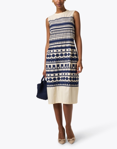 White and Blue Embroidered Shift Dress