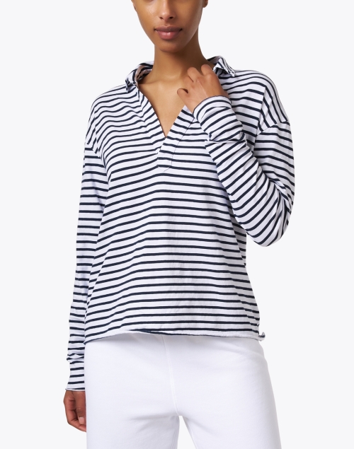 Front image - Frank & Eileen - Patrick Navy and White Stripe Popover Henley Top