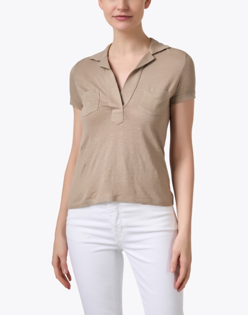 Front image - Majestic Filatures - Beige Stretch Linen Polo Top