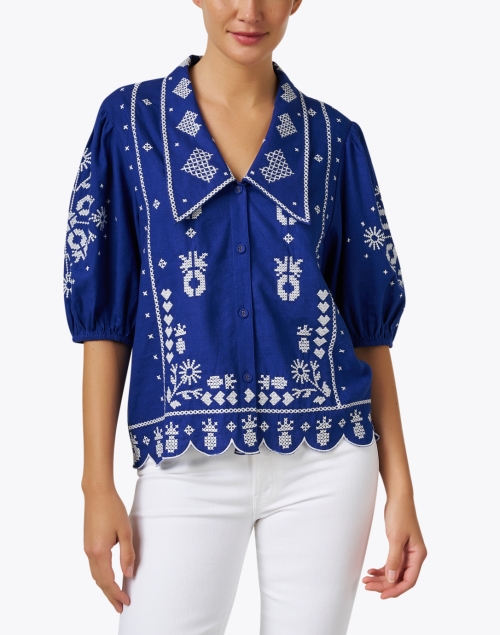 Front image - Farm Rio - Blue Embroidered Top 