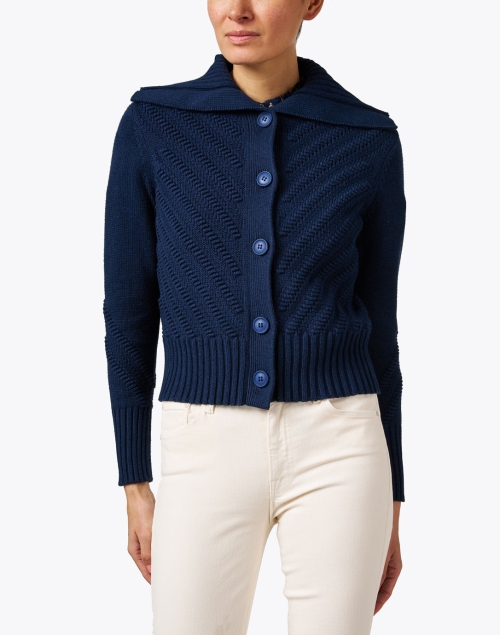 Front image - Kinross - Navy Cotton Diagonal Knit Cardigan