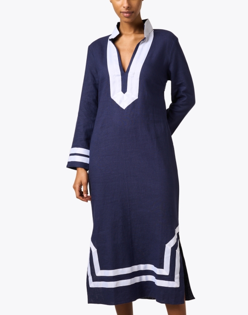 Front image - Sail to Sable - Navy and White Linen Tunic Dress