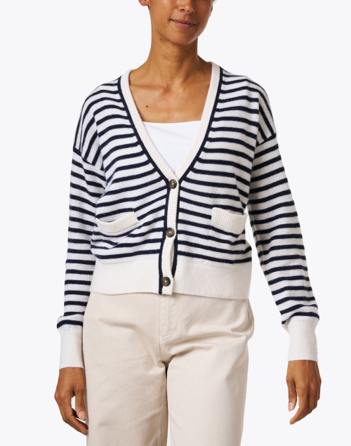 Front image - White + Warren - White and Navy Striped Cashmere Cardigan