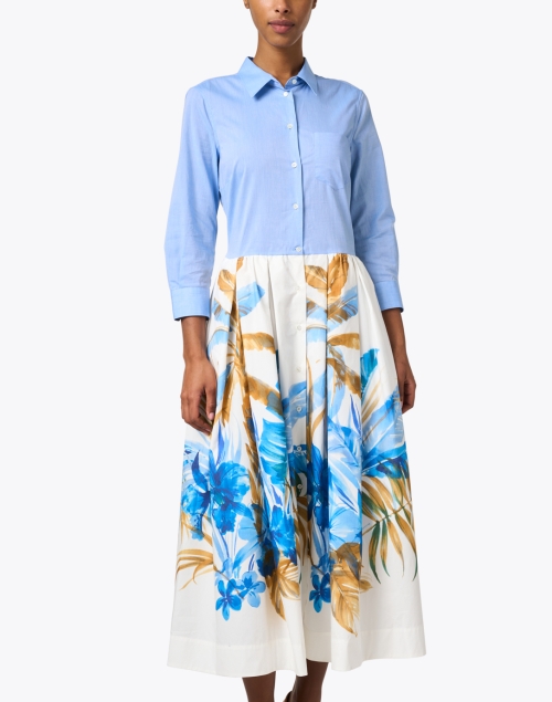 Front image - Sara Roka - Nidina Blue and White Print Cotton Dress