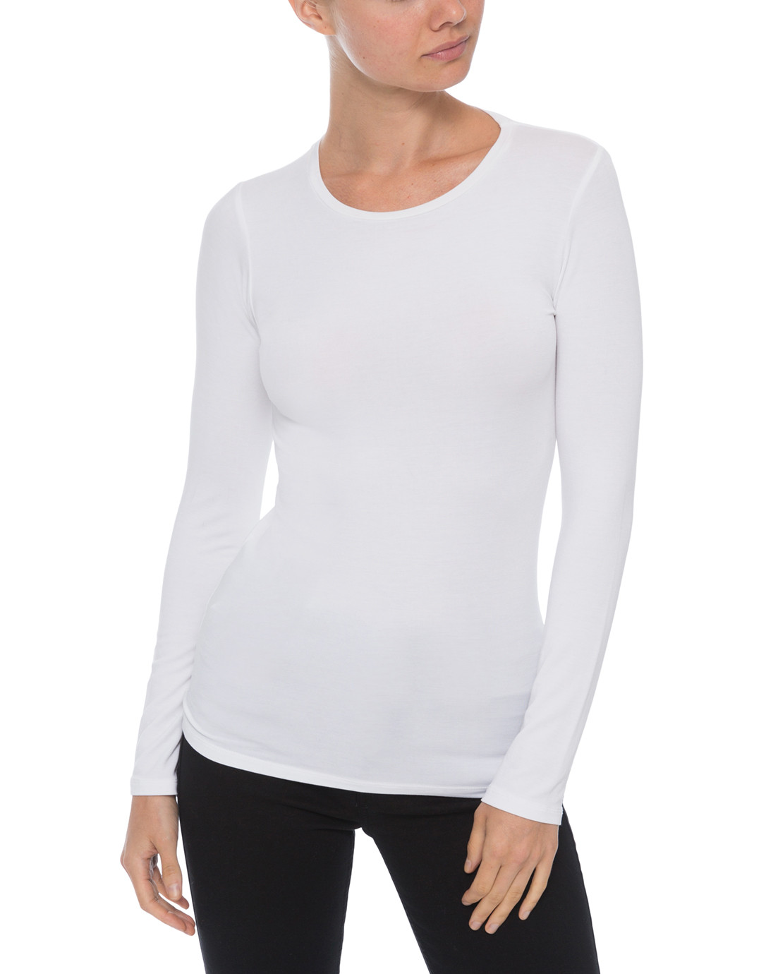White Crew Neck Long-Sleeved Stretch Viscose Top