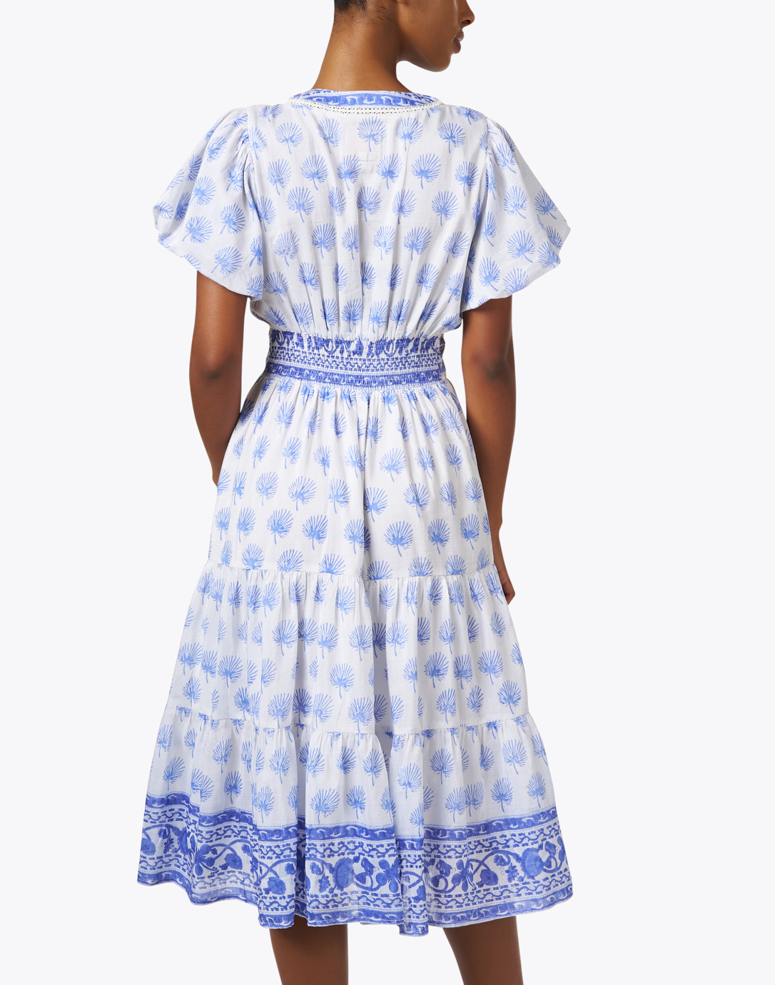 blue and white print dress