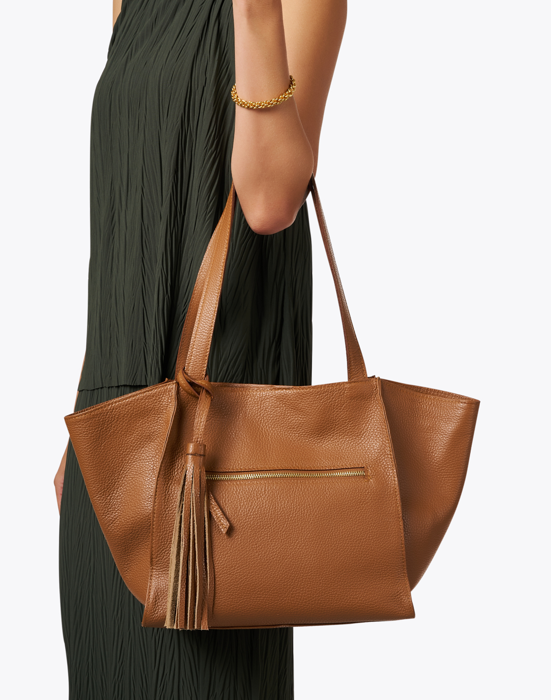 Womens Lana Midi Bucket Bag - Leather Bucket Bag Tan / Green