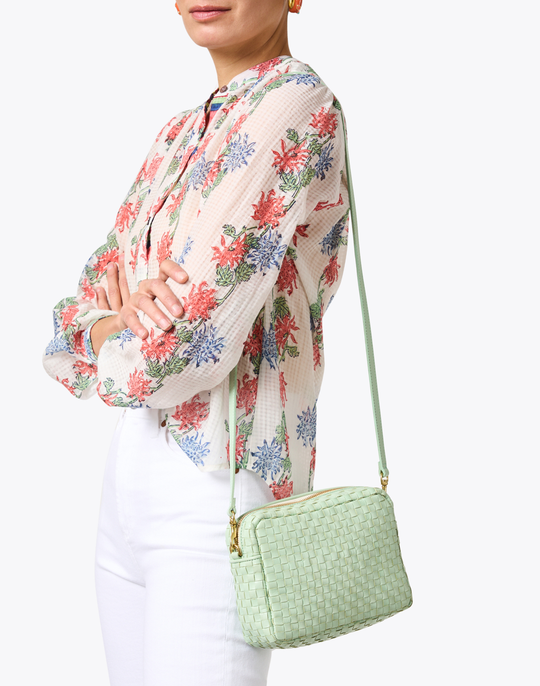 Clare V. Green Woven Leather Crossbody Bag