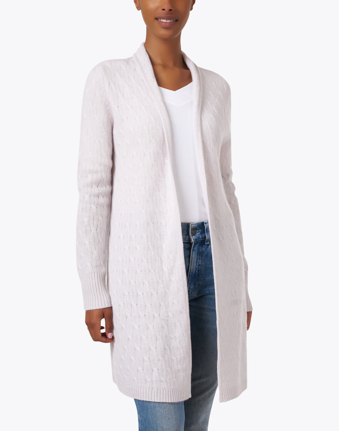 Women's Grey Knit Open Cardigan, White Turtleneck, Charcoal Wool
