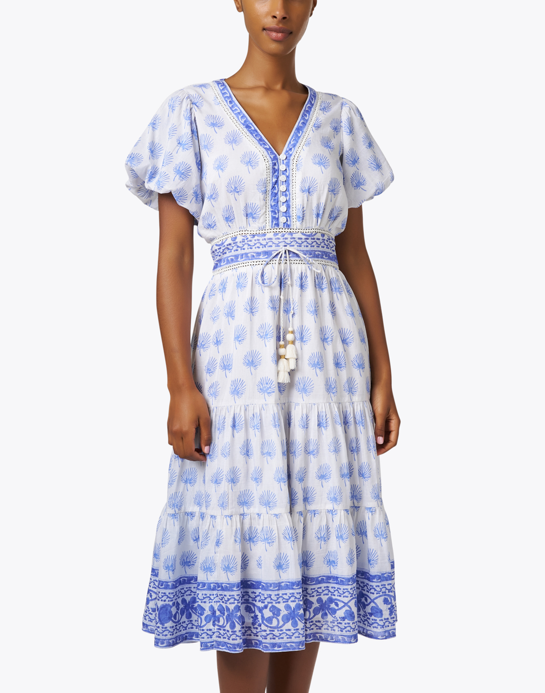 blue and white print dress