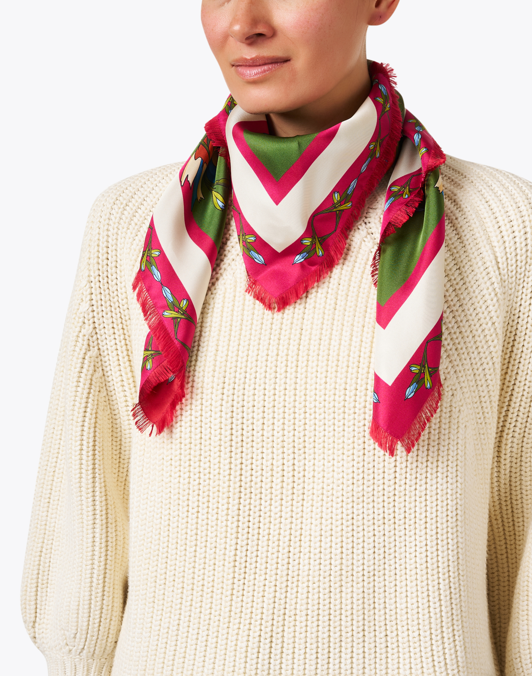Pink and Green Floral Print Silk Reversible Scarf | Franco Ferrari