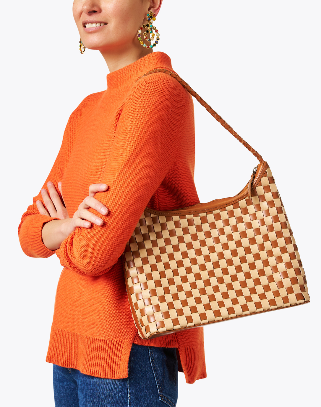 Checkered Woven Leather Shoulder Bag