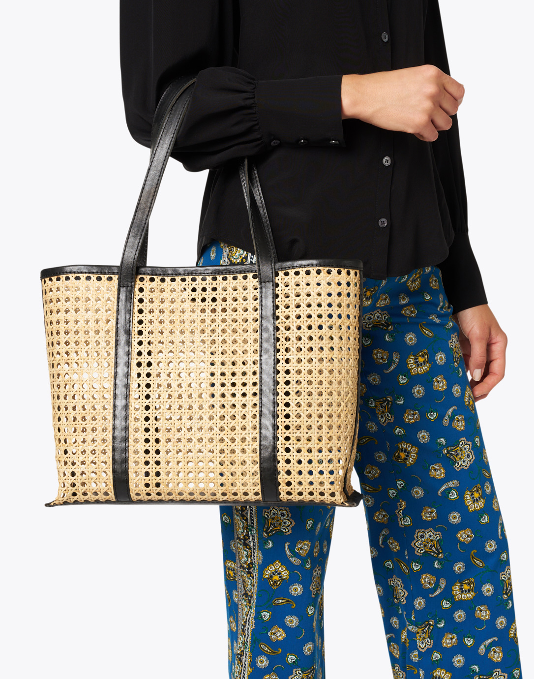 Margot Natural Rattan and Black Leather Tote | Bembien
