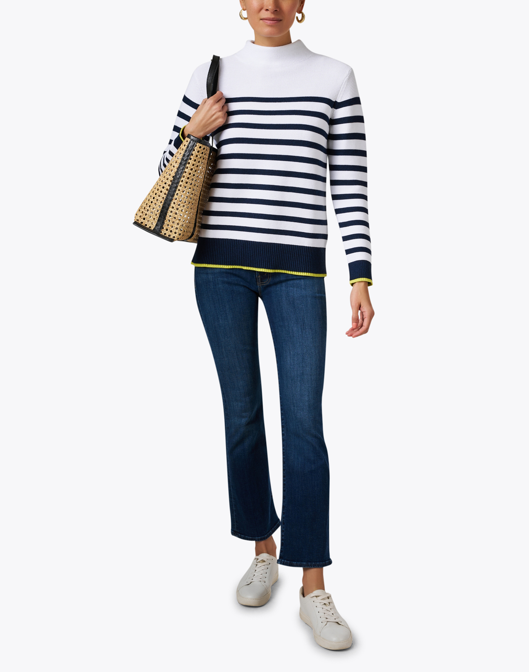 White and Navy Stripe Garter Stitch Cotton Sweater | Kinross