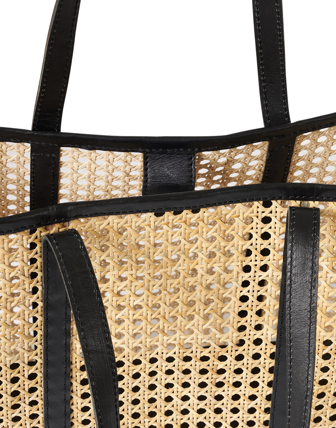 Handwoven Black & Cream Rattan Handbag with Brown Leather - Diagonal Style