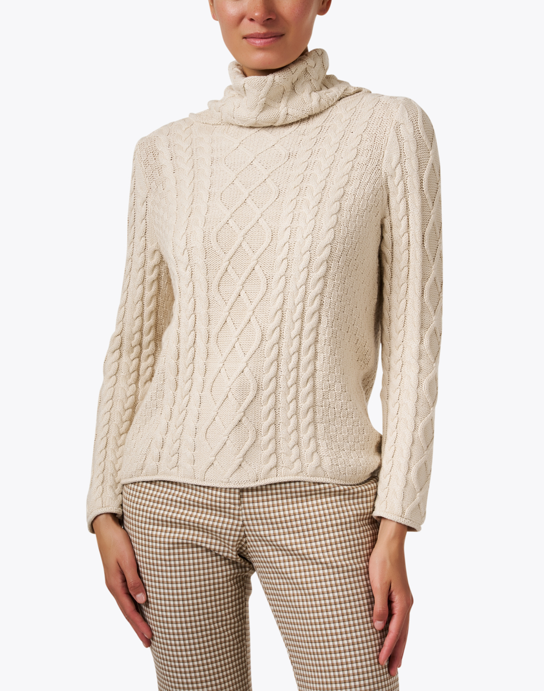Beige Cable-knit cashmere-blend roll-neck sweater