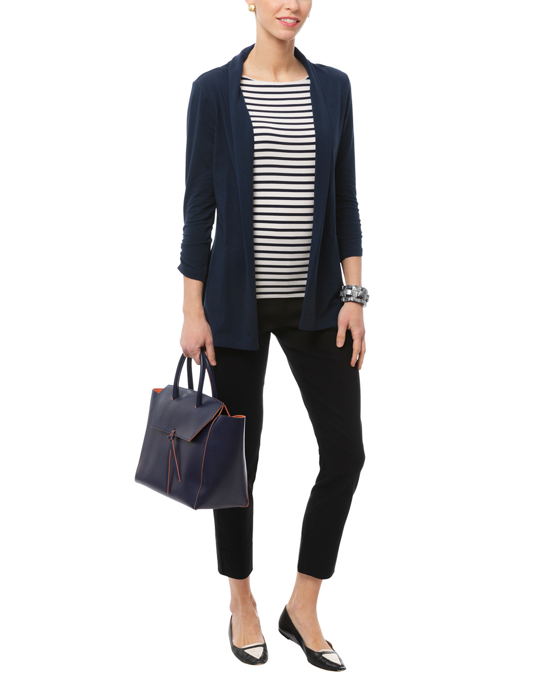 Navy Ruched Sleeve Cotton Cardigan | E.L.I.