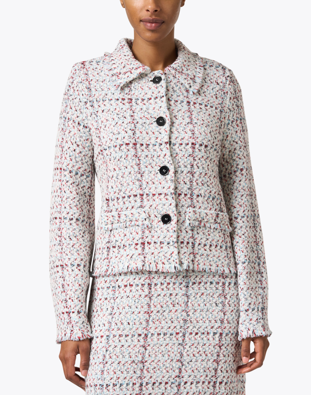 Women's Chanel-Style Tweed Jacket - Extra Length and Fringe / Gray