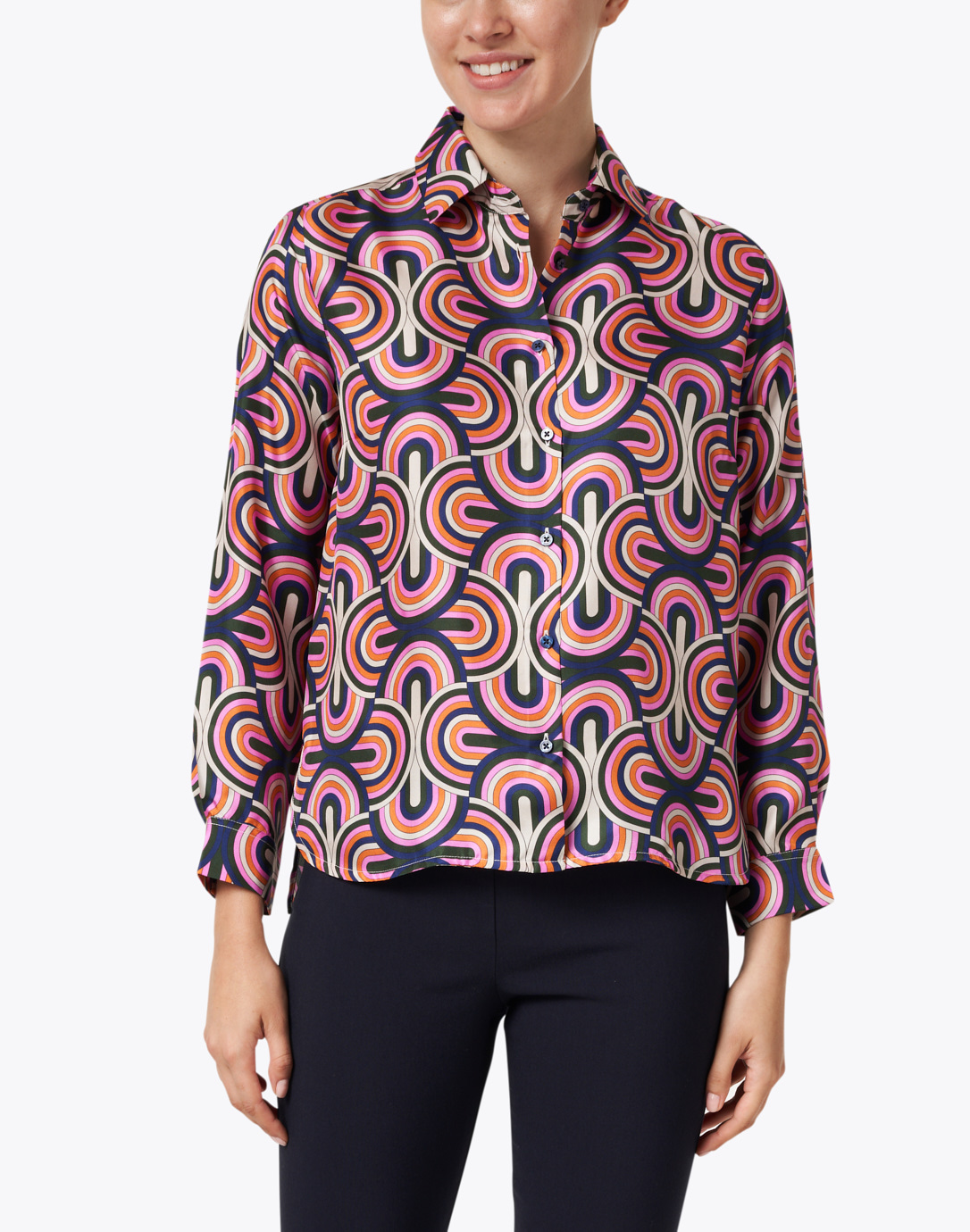 Isabella Pink Multi Geo Print Silk Shirt | Vilagallo | Halsbrook