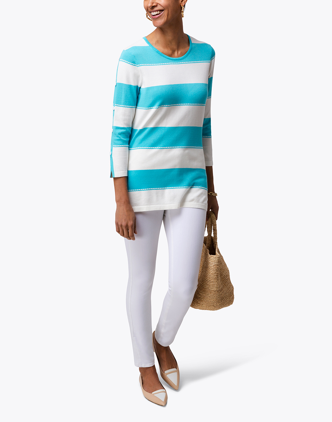 Azure and Striped Sweater with Buttoned Sleeves | J'Envie