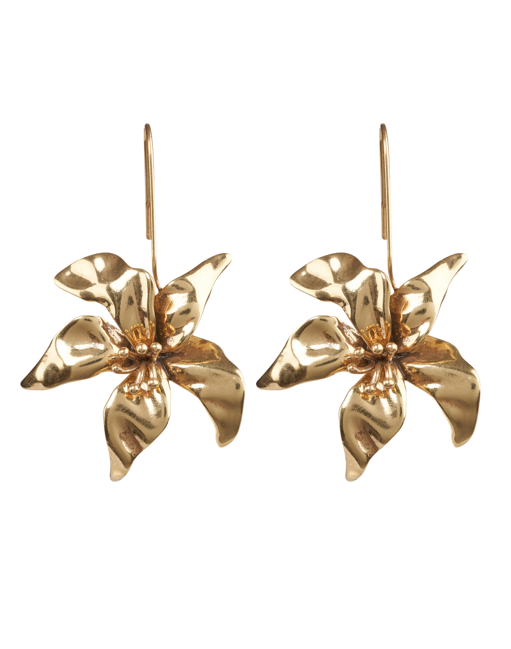 Gold Tone Flower Cream Pearl Leather Effect Drop Earring 