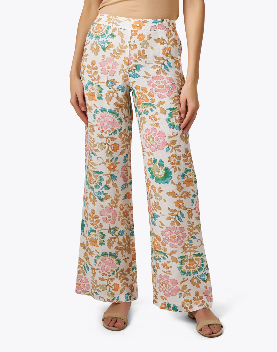 Pastel Floral Print Wide Leg Linen Pant | 120% Lino