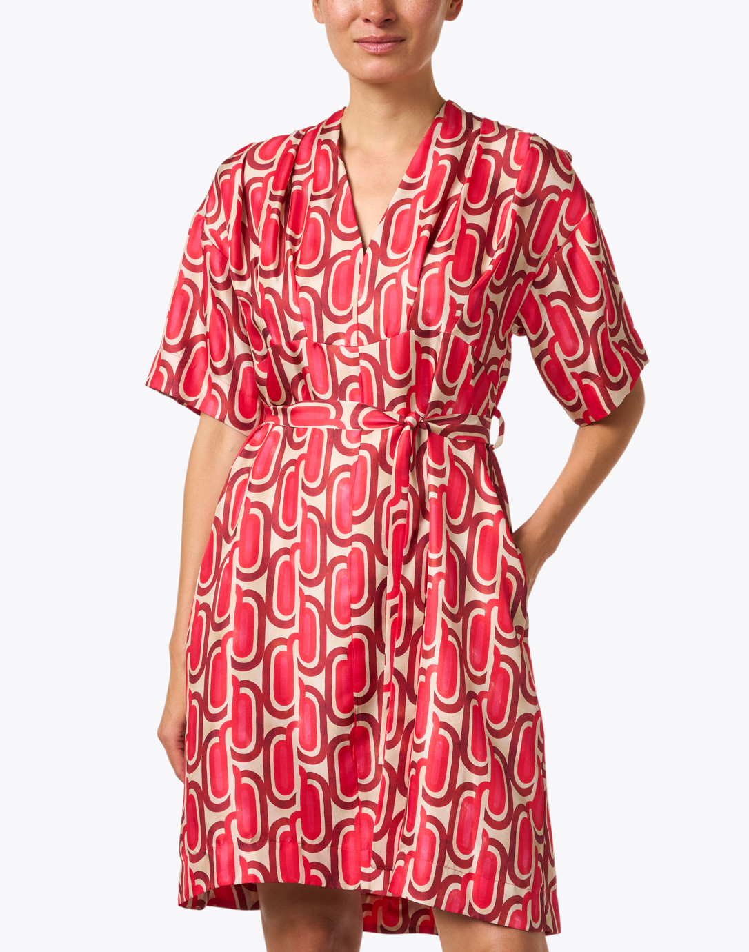 Red Geometric Print Silk Dress