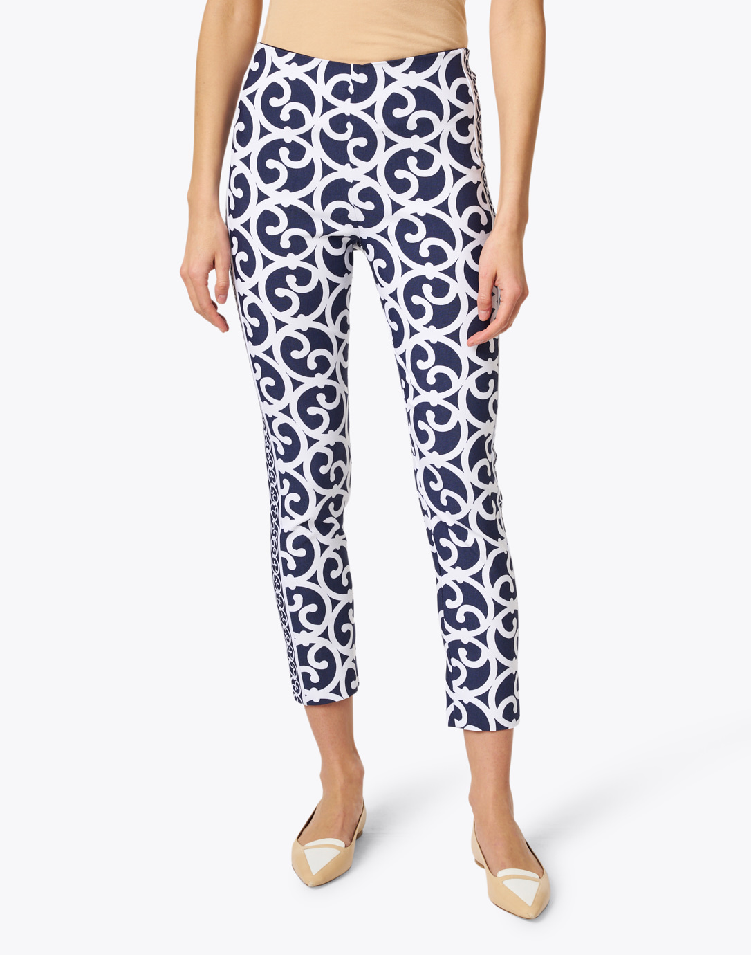 Navy and White Scroll Printed Pull On Pant | Gretchen Scott | Halsbrook